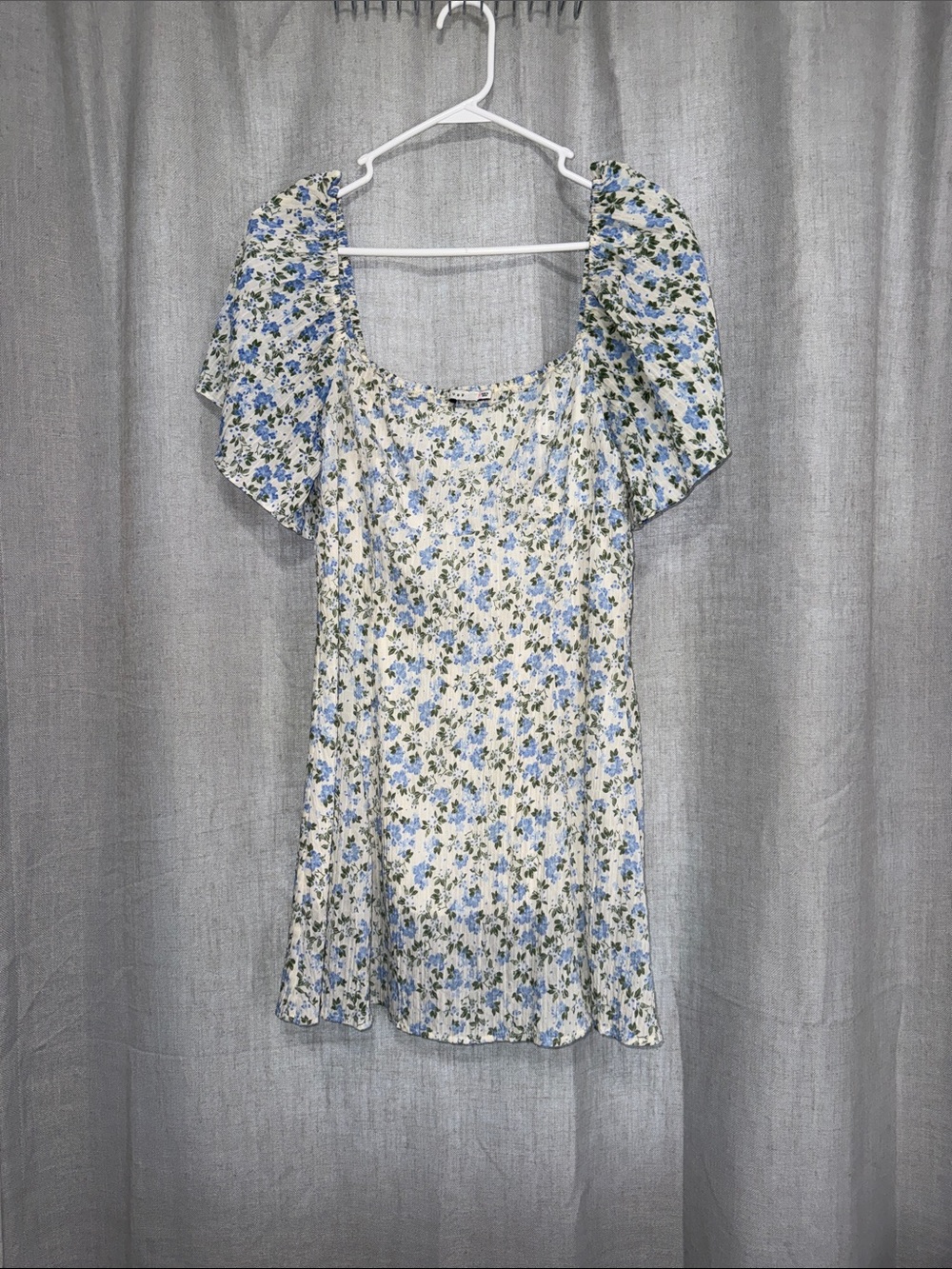 Lush Floral Puff Sleeve Mini Dress Square Neck Blue Ivory Cottagecore